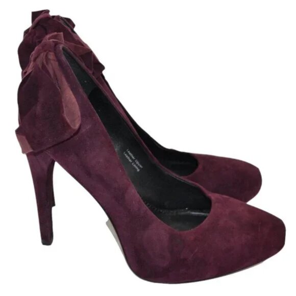 Vera Wang Plum Purple Burgundy Red Leather Suede Pin-Up Bow Stiletto Heels 6.5 - Picture 4 of 11